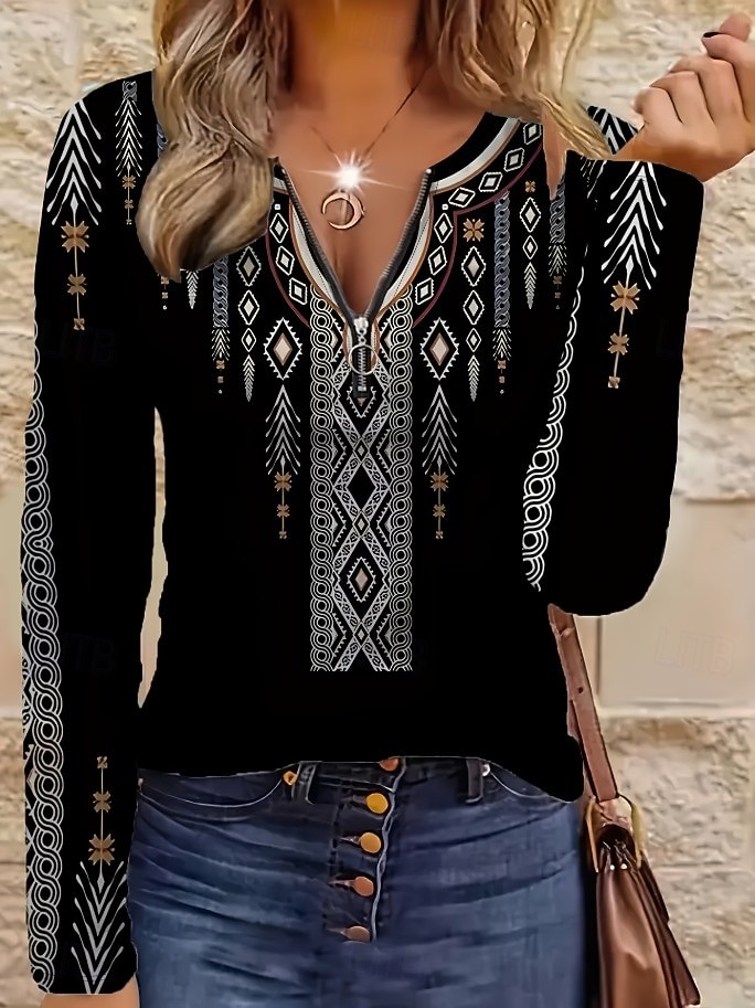 Per donna Maglietta Cerniera Stampato Grafico Tribale Moda Casual Manica Lunga Girocollo Scollo a V Top Regolari Quotidiano Marrone Scuro Nero Rosso Verde Primavera Autunno del 2026 a $25.99 –P1