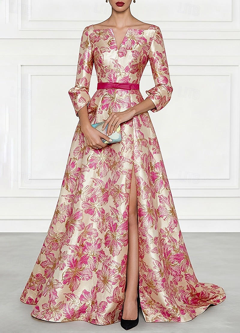 A-Linie Na zem Večerní šaty Elegantní Květinový Pastel 3/4 délka rukávu Hranatý Svatební Formální Žakár s Mašle Rozparkem 2026 - $186.99 –P1