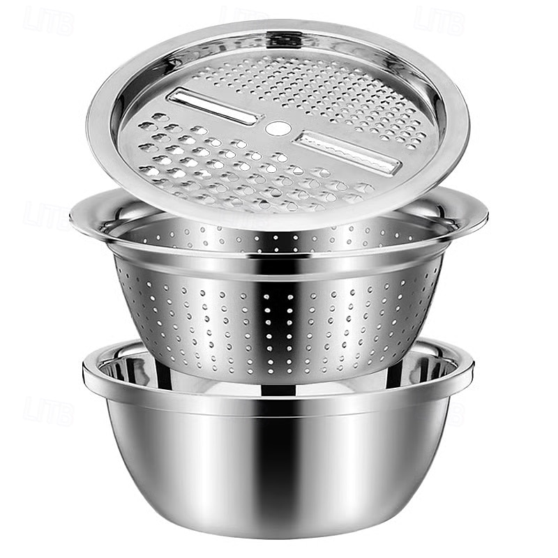 3-delige roestvrijstalen keukenset met geïntegreerde hakmolen, multifunctioneel filter en mengkom, ideaal voor het schoonmaken en snijden van fruit, groenten en kaas, perfect voor thuis koken, 2026 - $21.99 –P14