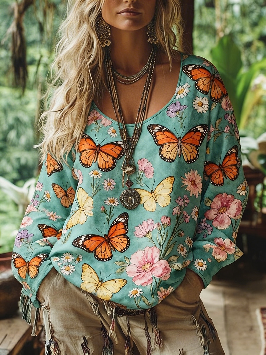 Per donna Maglietta bohémien Maglietta Stampato Floreale Vintage Etnico Casual Manica Lunga Scollo a V Top Regolari Quotidiano Weekend Abbigliamento da vacanza Blu Primavera Autunno del 2026 a $26.99 –P1