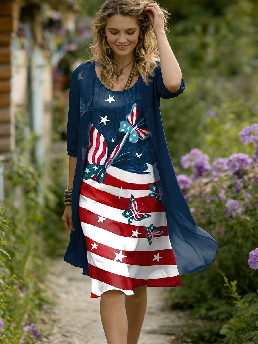 Conjunto de vestido feminino para o Dia da Independência dos EUA, modelo evasê, elegante, para férias, com estampa gráfica da bandeira americana em camadas, manga curta, gola redonda, nas cores azul, de 2026 por $43.99 –P1