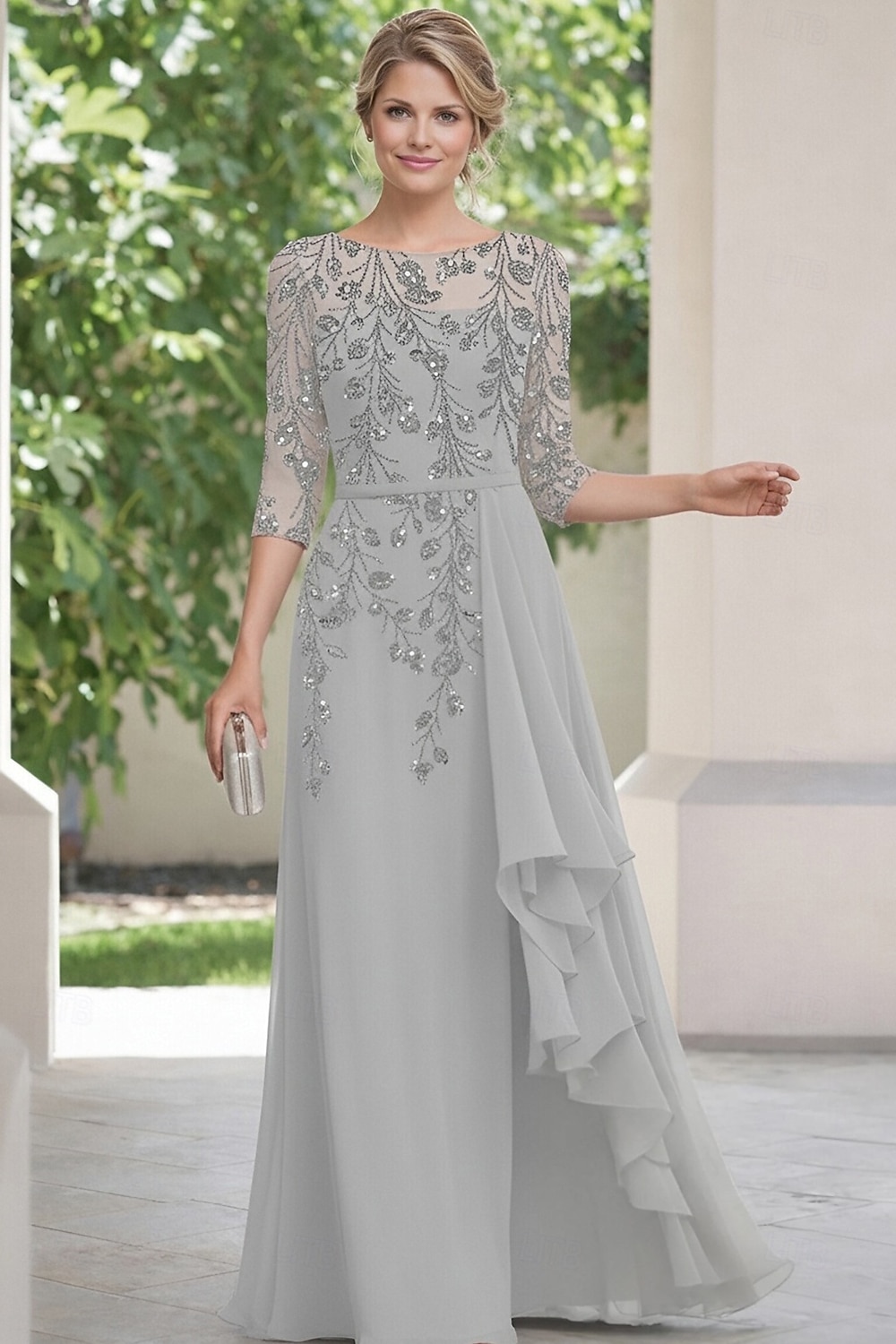 A-Line Floor Length Mother of the Bride Dress 3/4 Length Sleeve Boat Neck Elegant Vintage Embellished Formal Chiffon Lace with Beading Cascading Ruffles 2026 - $183.99 –P5