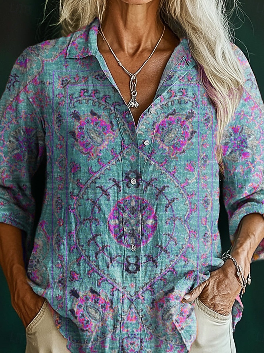 Per donna Camicia Finto cotone e lino Bottoni Stampato Floreale Bohemien Attivo Casual Manica Lunga Colletto a Camicia Top Regolari Quotidiano Ferie Blu Rosa Viola Estate Primavera Autunno del 2026 a $35.99 –P4