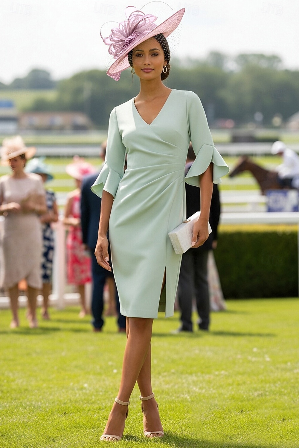 Kleid Knielang Derby-Kleid Brautmutterkleid Halbarm V Ausschnitt Elegant Kentucky Derby Stretchstoff mit Falten Gerafft Drapierung 2026 - $137.99 –P1