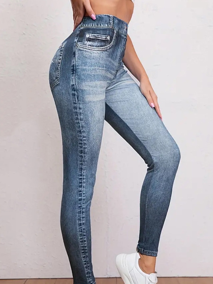 Women's Jeans Leggings Jeggings Vacation Streetwear Casual Full Length Medium Waist Plain Pocket Elastic Waistband Comfy Comfort High Elasticity Daily Home Outdoor Blue Sapphire Blue Ocean Blue Grey 2026 - $13.99 –P8