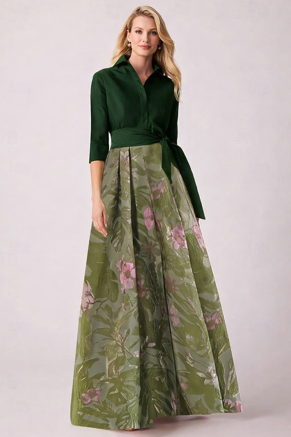 A-Line Floor Length Shirt Dress Wedding Guest Dress Formal Dresses Mother of the Bride Dress Long Sleeve Shirt Collar Elegant Vintage Wedding Formal Nylon with Floral Print Bow(s) Slit 2026 - $186.99 –P12