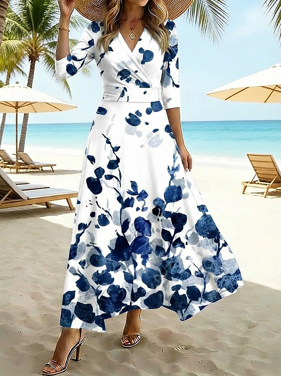 Per donna Abito maxi Vestito Estivo Abito da Spiaggia Abito a trapezio Abito Floreale Casual Quotidiano Vestibilità regolare Floreale Manica 3/4 Scollo a V Bianco Champagne Rosso Primavera Autunno del 2026 a $39.99 –P1