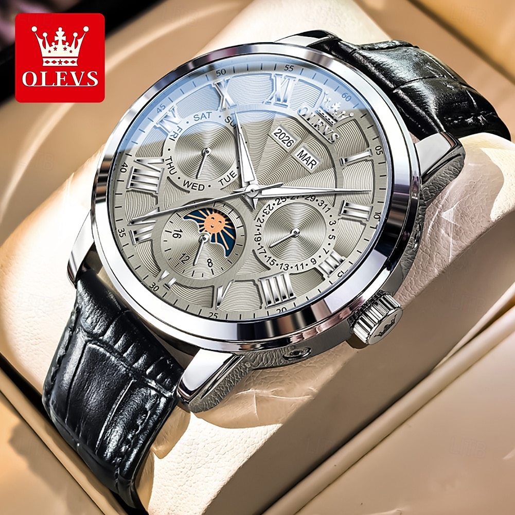 2026年 OLEVS 男性 機械式時計 クリエイティブ 贅沢 ファッション ビジネス スケルトン 自動巻き トゥールビヨン ムーンフェイズ表示 ステンレス レザー 腕時計  コレクション – $105.99 –P5