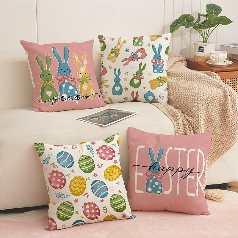 Set of 4 Easter Bunny Egg Print Linen Pillow Covers Spring Holiday Party Decorative Sofa Throw Cushion Covers 2026 - $17.99 –P1