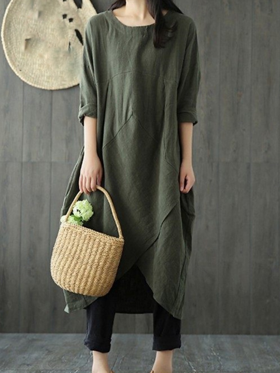 Women's Midi Dress Shift Dress Casual Daily Loose Fit Plain 3/4 Length Sleeve Crew Neck Black Green Gray Summer Fall Autumn 2026 - $24.99 –P2