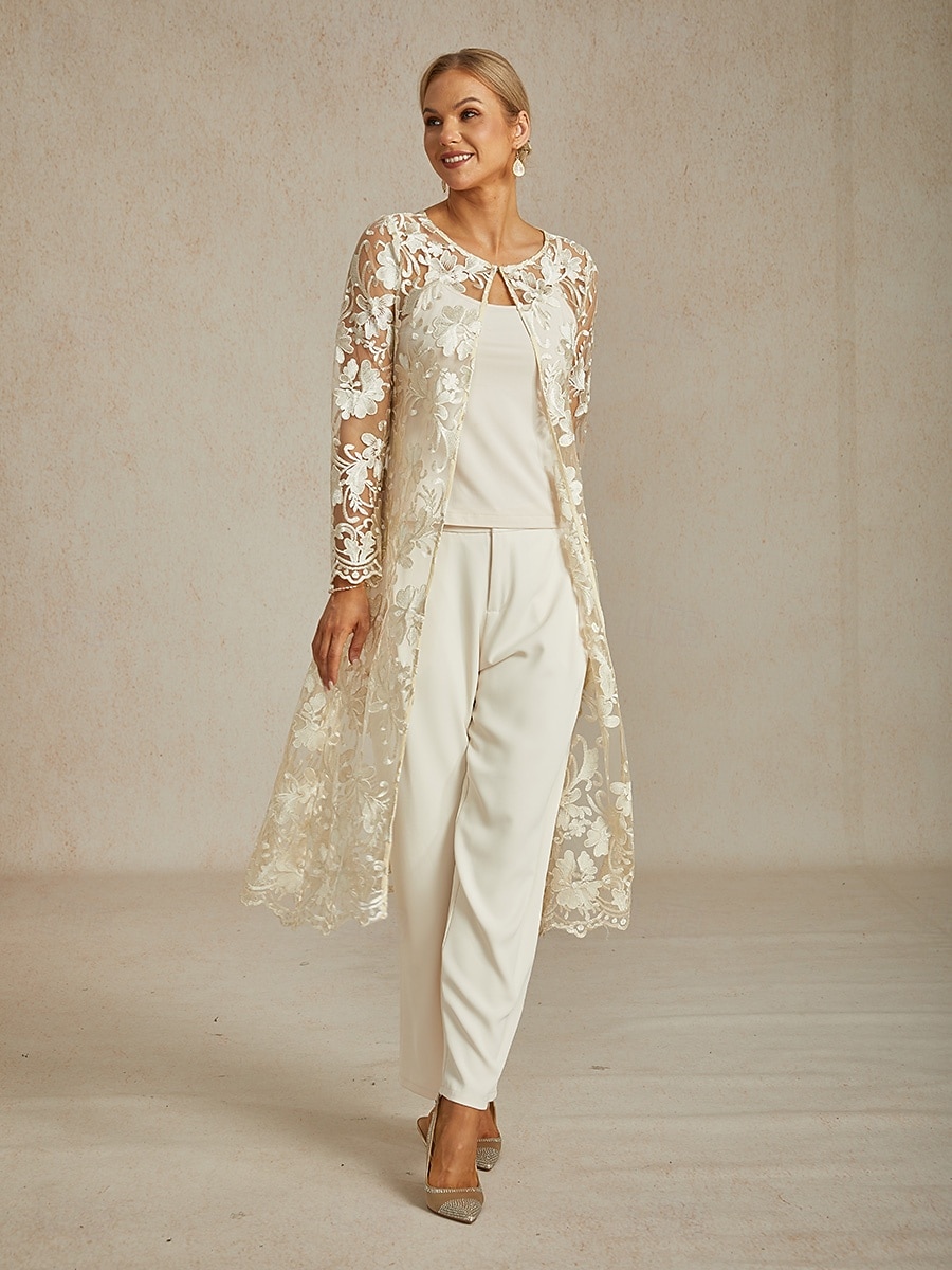 Per donna Giacca Traspirante Pizzo Ricamo Elegante Floreale Quotidiano Anniversario Ospite di nozze Bottone frontale Lungo Girocollo Vestibilità regolare Manica Lunga Capispalla Champagne Estate del 2026 a $81.99 –P7