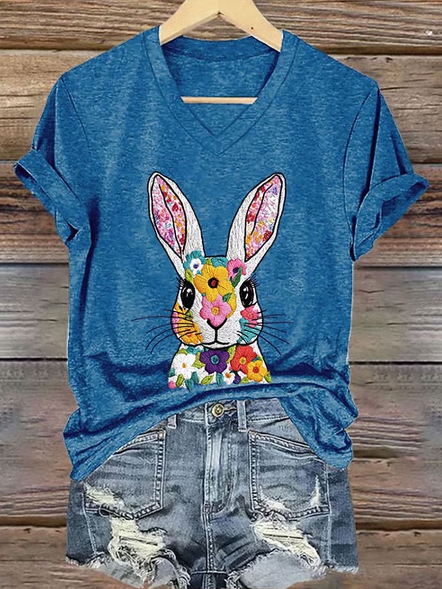 Pâques Femmes T-shirt Imprimé Fleuri Graphique Animal Élégant Classique Occasionnel Manche Courte Col en V Hauts Réguliers Quotidien Bleu Blanche Rose Claire Vert Été Printemps de 2026 ? $21.99 –P4