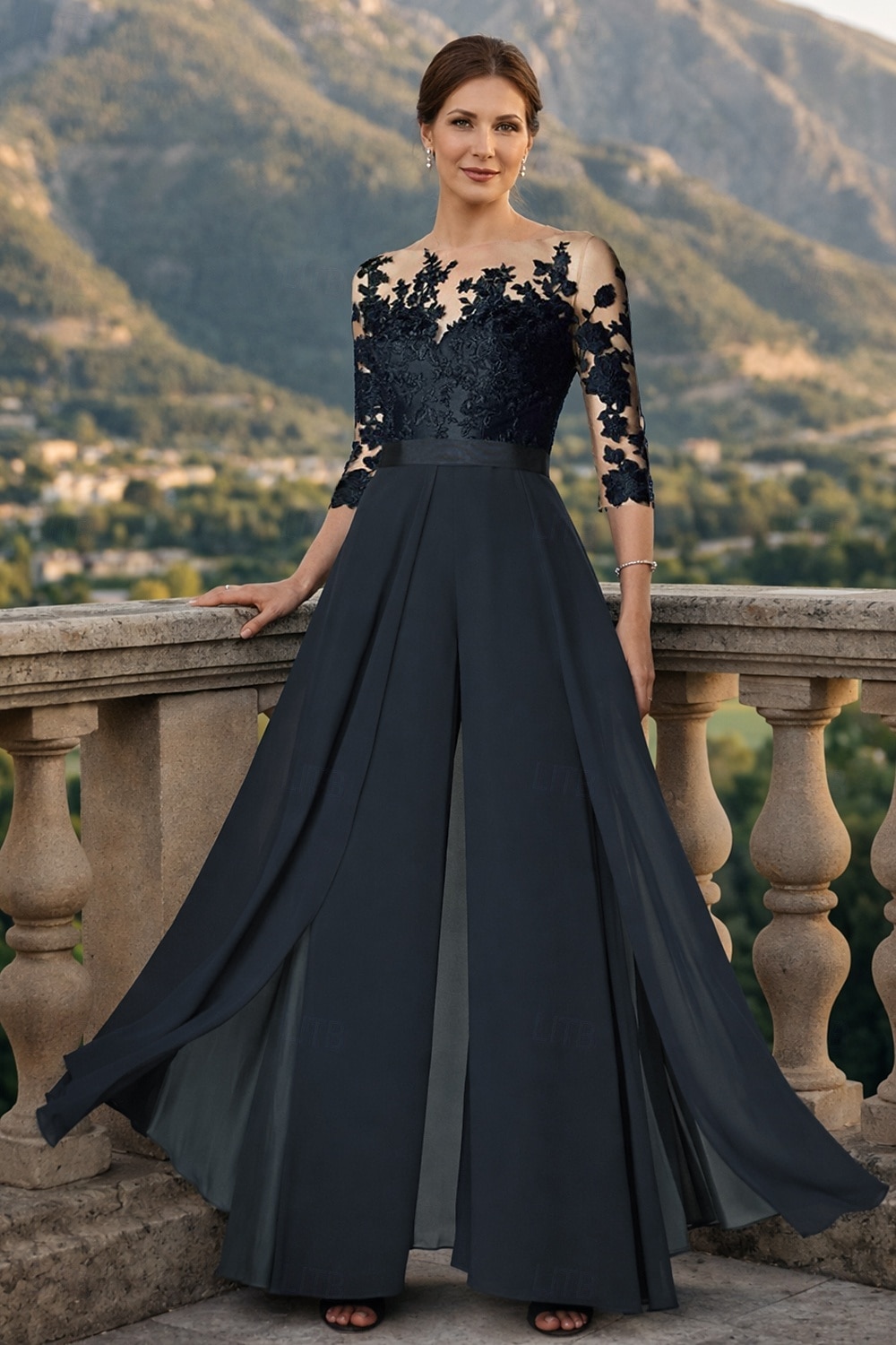 Jumpsuit Pantsuit Ankle Length Mother of the Bride Dress 3/4 Length Sleeve  Scoop Neck Elegant Party Formal Wedding Guest Chiffon Lace with Appliques  2026 - CAD $283.99