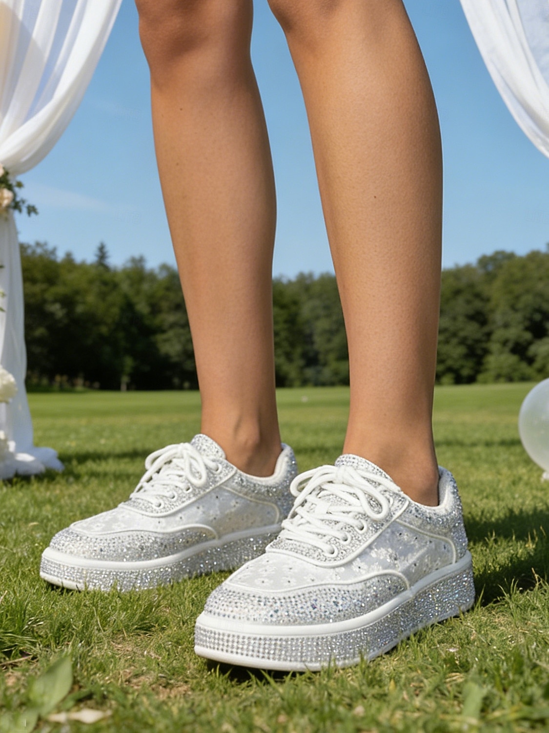 sneakers da sposa con plateau e strass argentati da donna: stile da sposa scintillante per matrimoni all'aperto in giardino del 2026 a $54.99 –P3