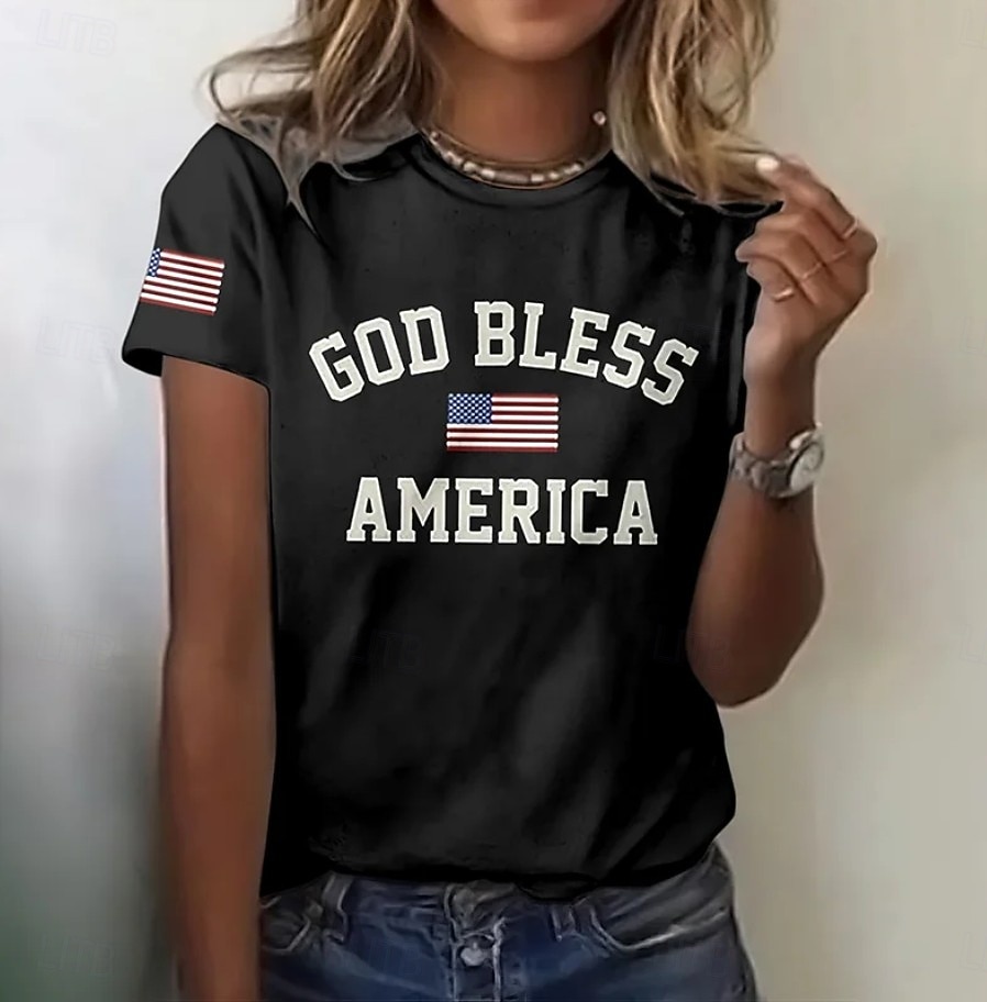 2026年 独立記念日 愛国的な女性用Tシャツ プリント グラフィック レター アメリカの旗 スタイリッシュ クラシック カジュアル ショートスリーブ クルーネック レギュラートップ 日常 ブルー ブラック レッド 夏 春  コレクション – $22.99 –P2