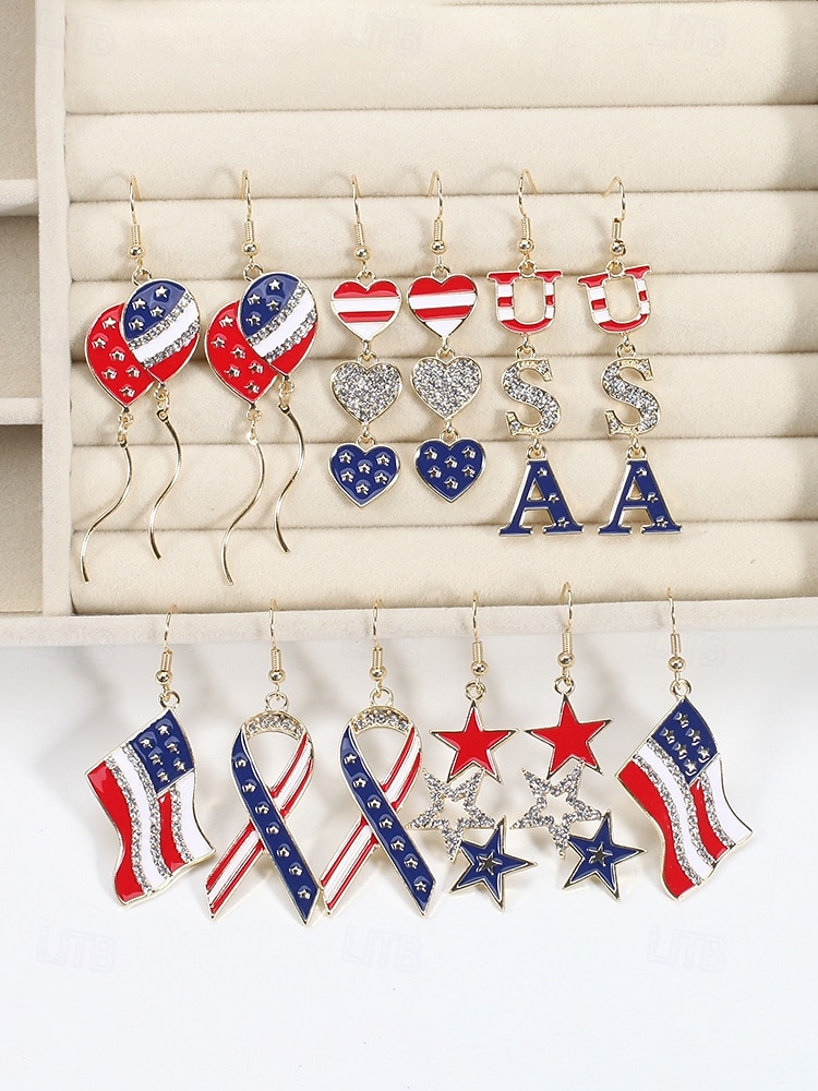 Orecchini pendenti patriottici in lega per donne per il 250° anniversario degli Stati Uniti stili multipli della bandiera USA e cuori gioielli dichiarativi rossi bianchi e blu per feste e festival del 2026 a $7.99 –P8