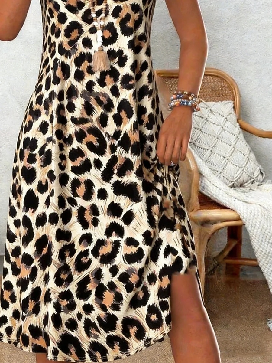 Women's Midi Dress Casual Dress Sundress Shift Dress Fashion Basic Classic Daily Outdoor Vacation Regular Fit Leopard Sleeveless Crew Neck Brown Summer Spring 2026 - $37.99 –P3