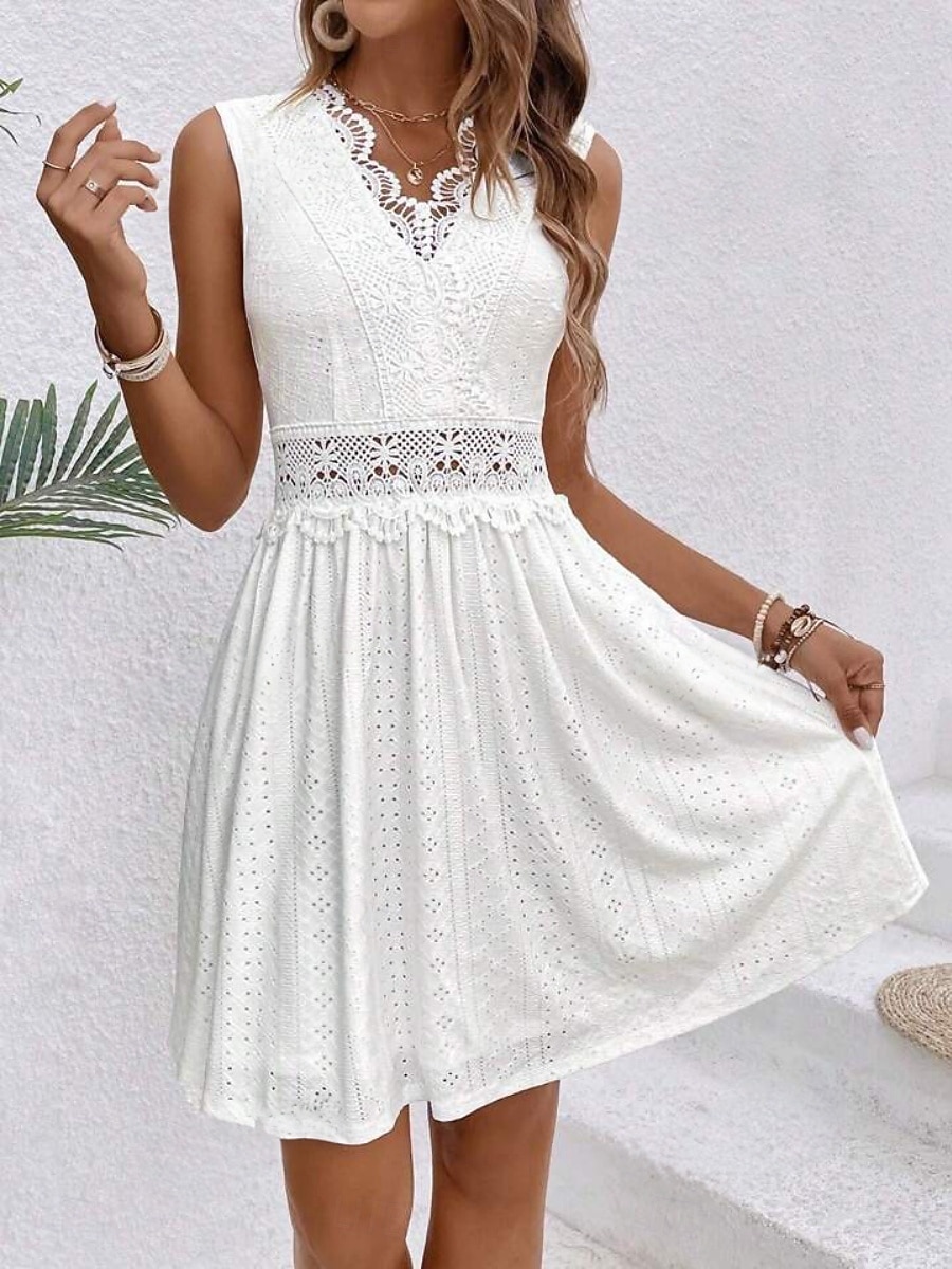 Women's Mini Dress Lace Dress White Dress Elegant Fashion Modern Outdoor Vacation Going out Regular Fit Plain Sleeveless V Neck White Summer Spring 2026 - $26.99 –P2