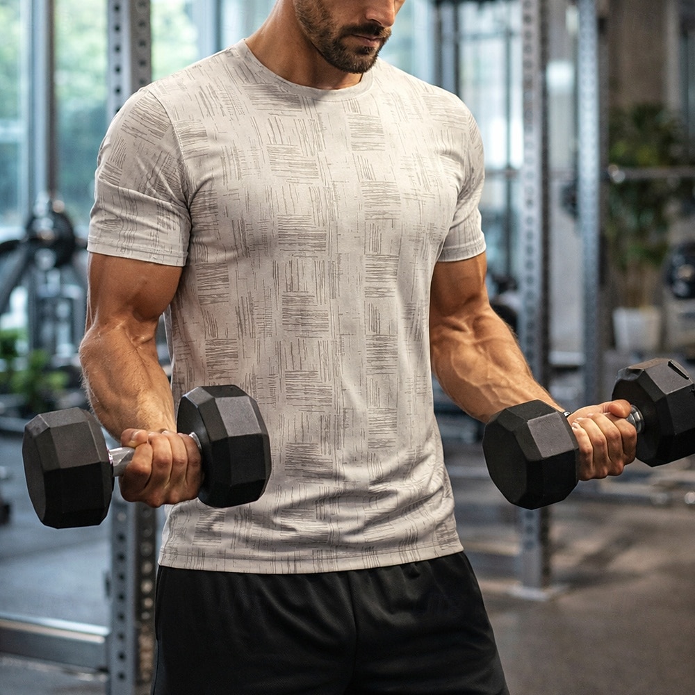رجالي منقوش   متقلب تيشيرت للجري قميص ضاغط قميص رياضي قمة الرياضة الصيف كم قصير سريع جاف رطوبة فتل متنفس تمرين نادي رياضي المشي الركض أزرق سكني غامق مشمشي ملابس رياضية ألبسة رياضية 2026 - $18.99 –P1
