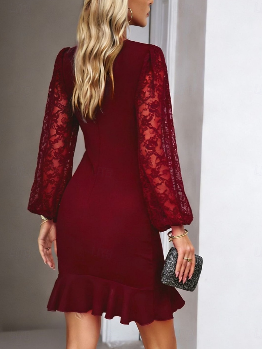 Pentru femei Rochie Mini Rochie teacă Elegant Petrecere cocktail În aer liber Petrecere Invitat la nunta Dantelă Peteci Fit regulat Culoare solidă Manșon Lung Stil Nautic Negru Roșu Vin Verde Închis 2026 - $29.99 –P3