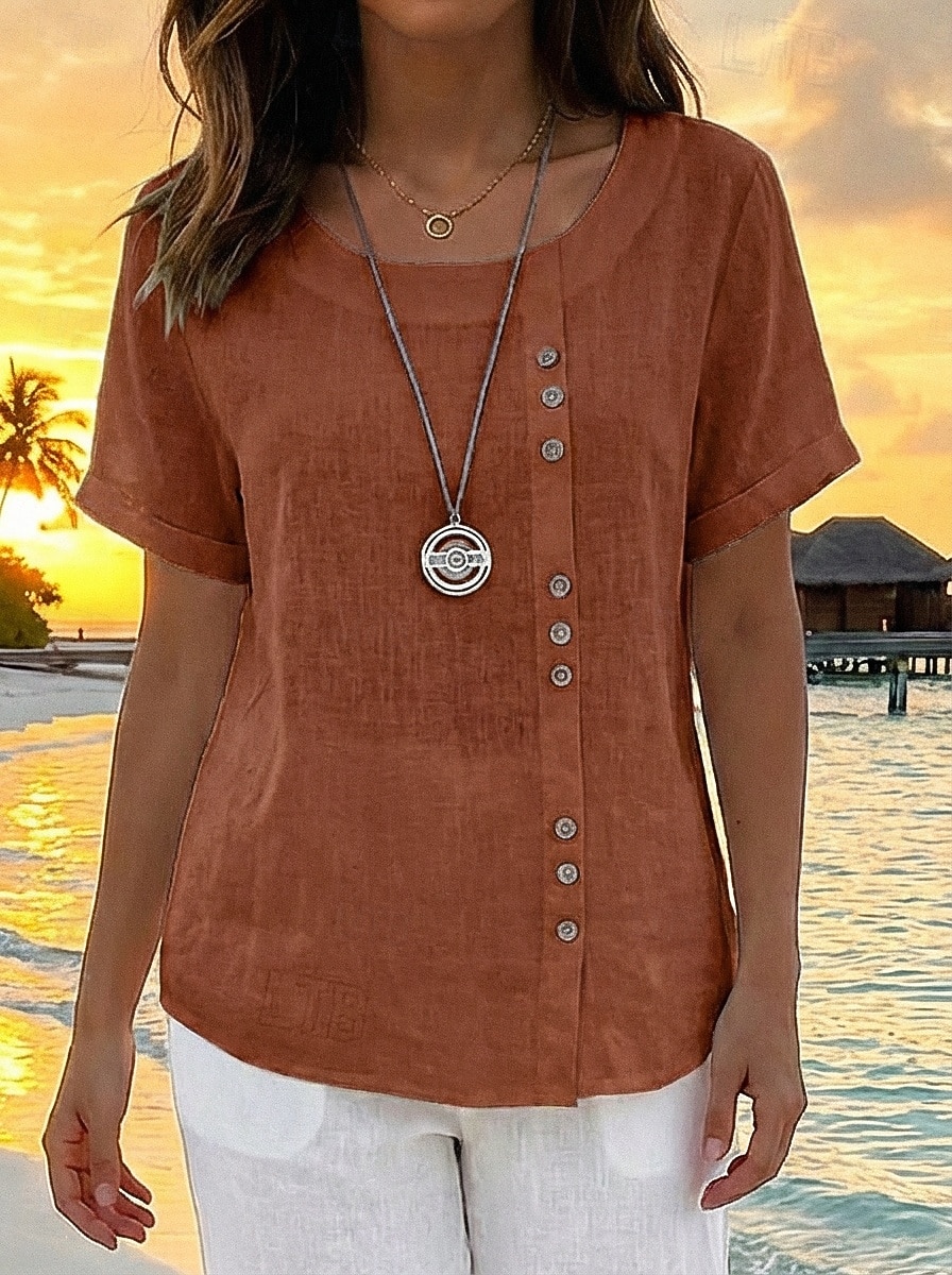 Women's Shirt Cotton Blend Blouse Buttons Plain Basic Modern Short Sleeve Crew Neck Regular Tops Daily Holiday Blue White Pink Orange Green Summer 2026 - $18.49 –P6