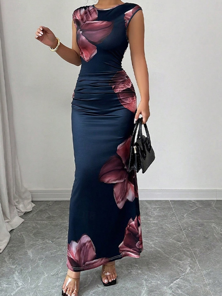 Dames Maxi-jurk Satijnen Jurk Bodycon Bloemetjesjurk Jurk met print Elegant Modieus Modern Buiten Vakantie Feest Normale pasvorm Bloemig Mouwloos Strakke ronde hals Marineblauw Zomer Lente 2026 - $19.99 –P2