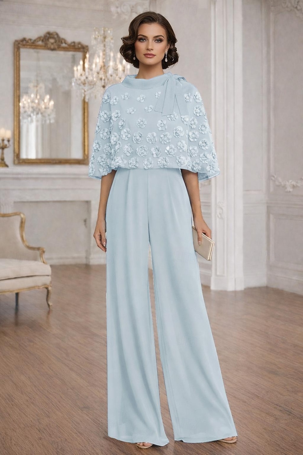 Sheath Column Jumpsuit Pantsuit Floor Length Mother of the Bride Dress Half Sleeve Crew Neck Elegant Simple Casual Formal Wedding Guest Wedding Party Chiffon Shawls with 3D Flowers Beading Appliques 2026 - $171.99 –P3