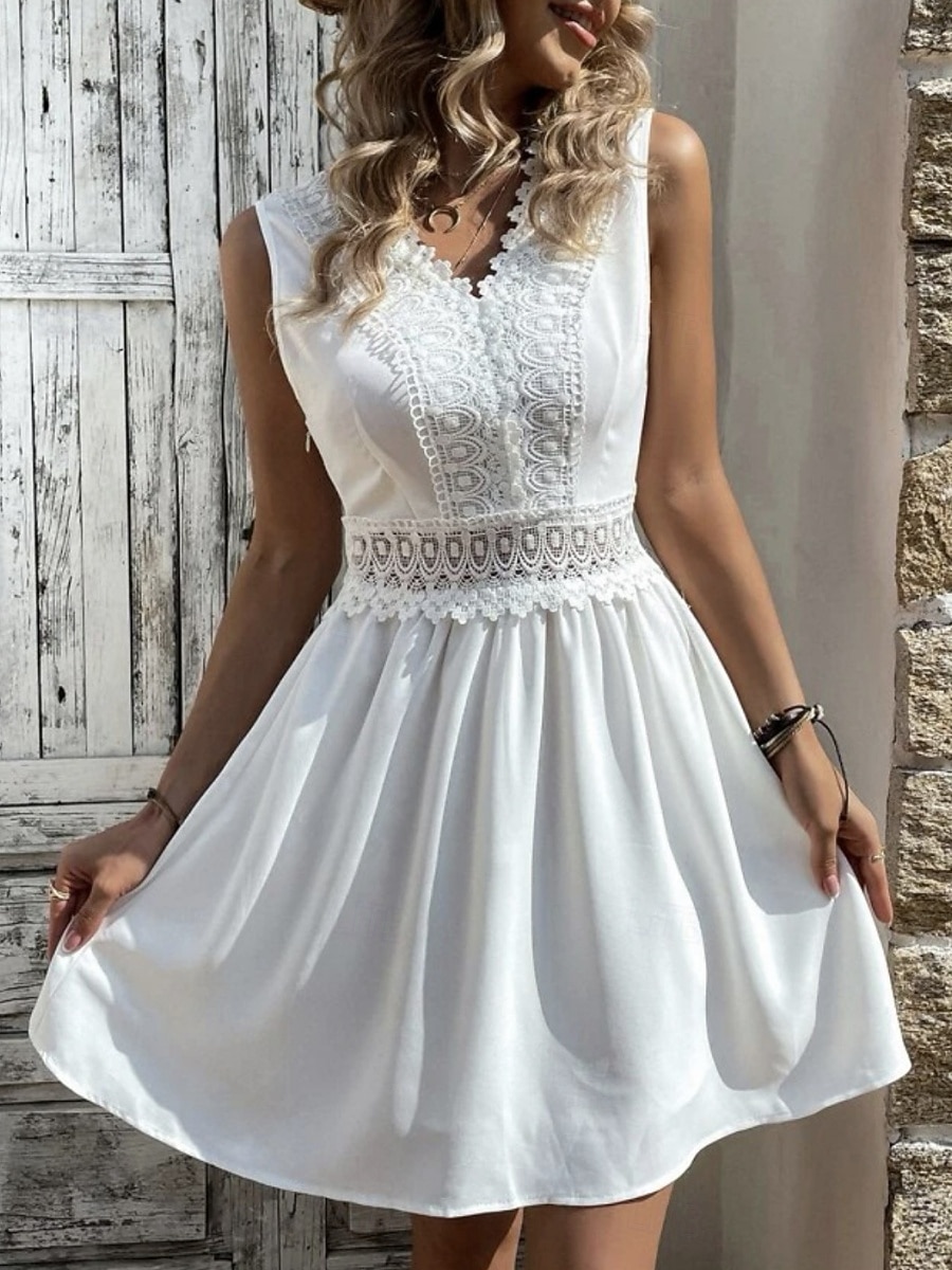 Mulheres Minivestido Vestido de renda Vestido branco Elegante Moda Moderno Ao ar livre Férias Para Noite Normal Tecido Sem Manga Decote V Preto Branco Verão Primavera de 2026 por $26.99 –P1