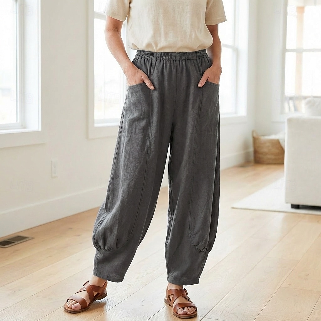 Damen-Leinenhose aus 70 % Leinen, weites Bein, Chino-Stil, Sommerhose, Urlaubshose, Streetwear, Basic, lange Länge, mittlere Bundhöhe, schlicht, Tasche, elastischer Bund, bequem, komfortabel, nicht elastisch, für Alltag, Outdoor, Straße, Bordeauxrot, Azur 2026 - $49.99 –P8
