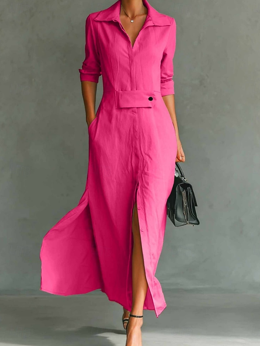 Women's Maxi Dress Shirt Dress White Dress Casual Dress Work Dress Elegant Fashion Modern Daily Office Regular Fit Plain Long Sleeve Shirt Collar Blue Black White Pink Summer Spring 2026 - $25.99 –P6