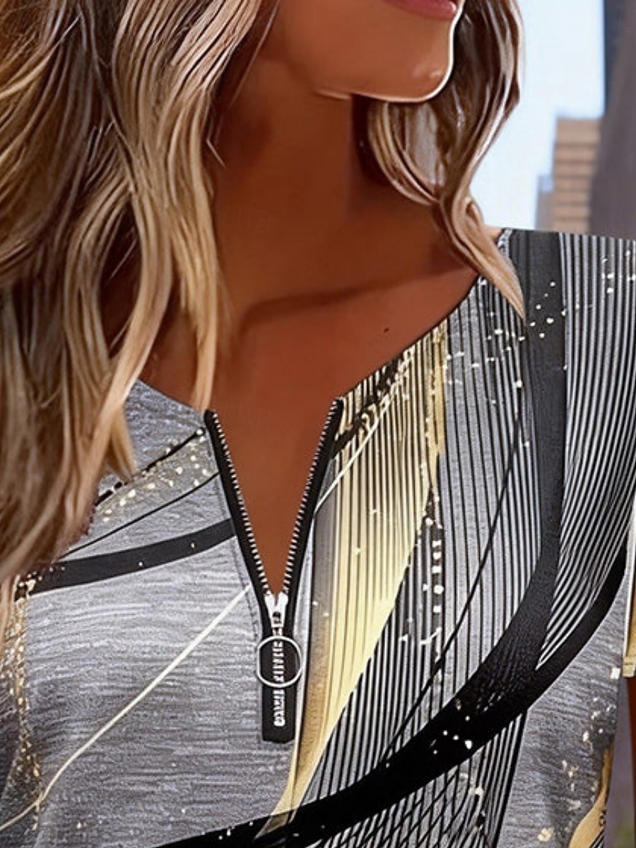 Per donna Maglietta Cerniera Stampato Grafico Geometrico Moda Moderno Casual Manica Corta Scollo a V Top lunghi Quotidiano Uscire Weekend Grigio Estate Primavera del 2026 a $19.99 –P2