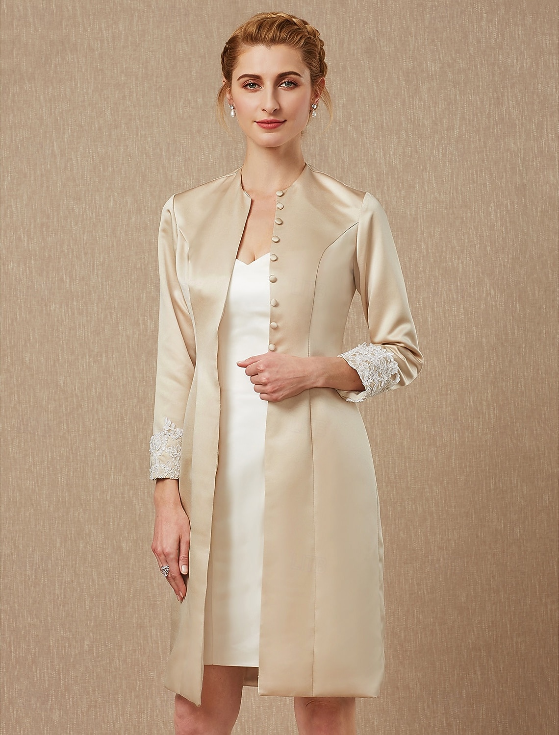 كم طويل معاطف / جواكيت دانتيل / ساتان زفاف / حفل / مساء مشد نسائي مع دانتيل / زينة / زر 2026 - $60.99 –P1