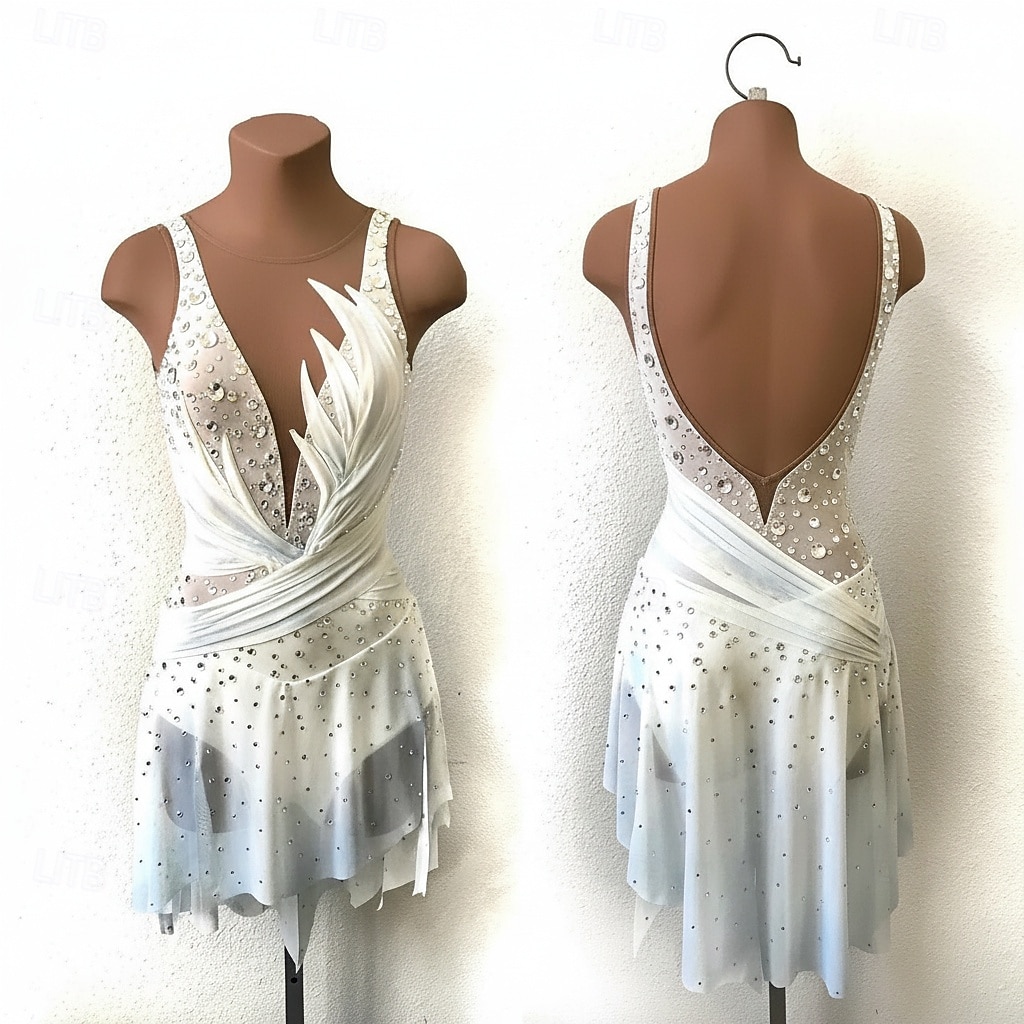 فستان التزلج الراقص نسائي تزلج على الجليد الفساتين أبيض بقع فتح الظهر قابل للبسط التدريب منافسة ملابس التزلج كلاسيكي الكريستال / حجر الراين بدون كم التزحلق على الجليد الرقص على الجليد 2026 - $301.79 –P1