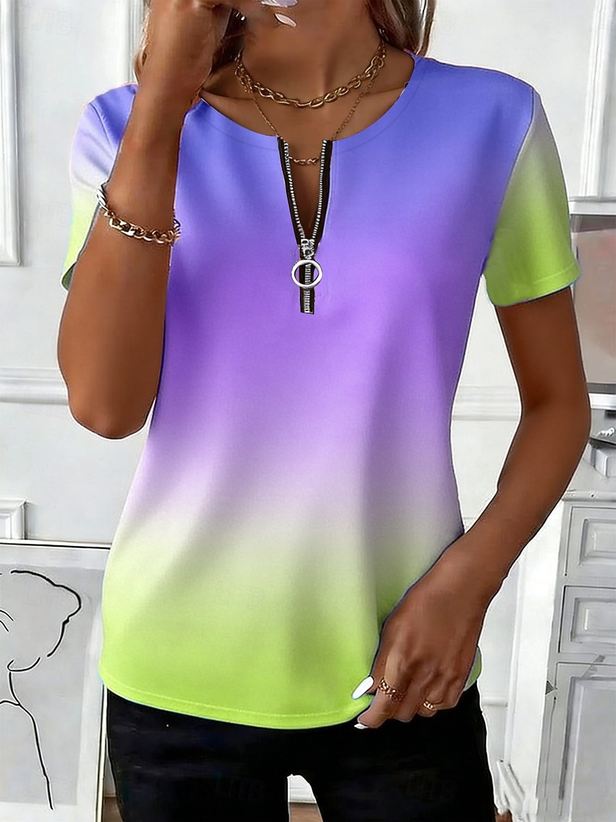 Damen T Shirt Reißverschluss Ombre Grafik Stilvoll Klassisch Lässig Kurzarm Rundhalsausschnitt Lange Oberteile Täglich Sport Wochenende Blau Gelb Rosa Purpur Grün Sommer Frühling 2026 - $21.99 –P5