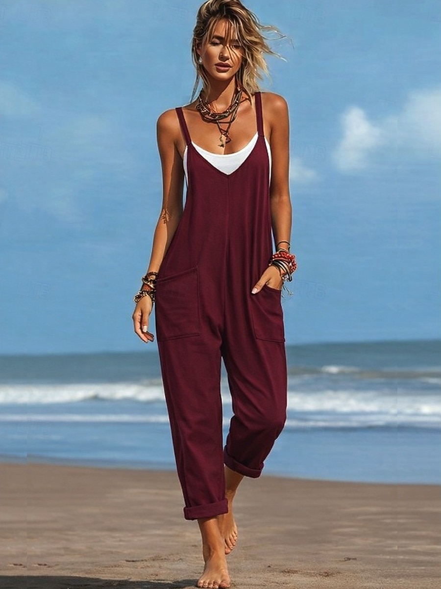 2026年 女性用 標準 ジャンプスーツ 活発的 純色 ノースリーブ Ｖネック ポケット 日常 ビーチ ルーズフィット ブラック ワイン パープル 夏  コレクション – $25.99 –P8