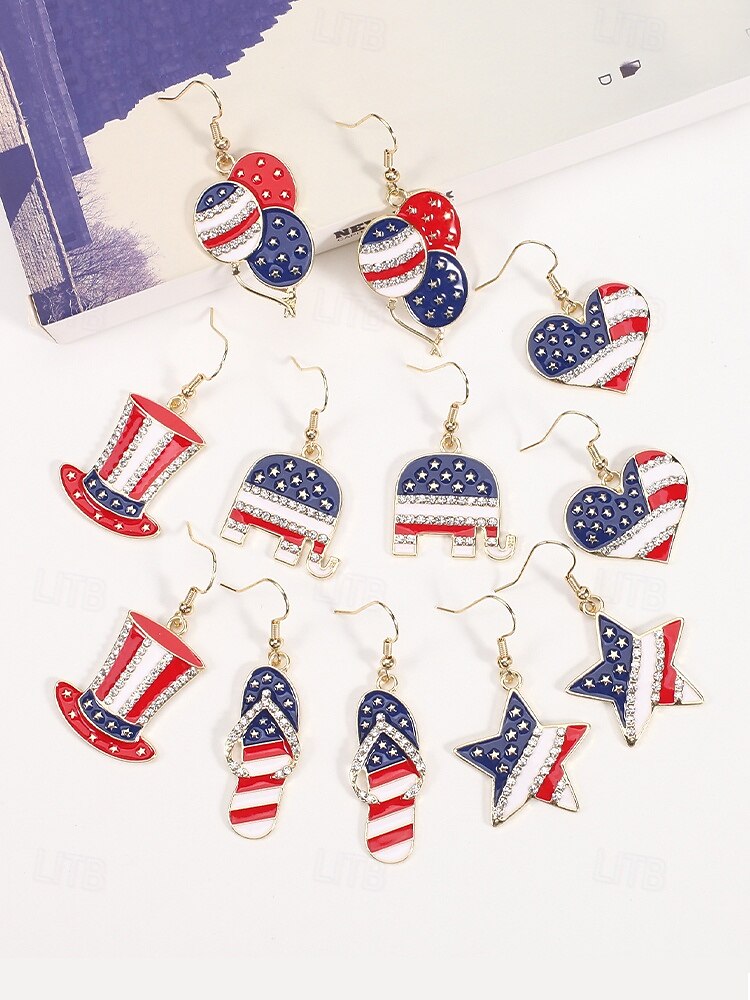 Orecchini pendenti patriottici in lega per donne per il 250° anniversario degli Stati Uniti stili multipli della bandiera USA e cuori gioielli dichiarativi rossi bianchi e blu per feste e festival del 2026 a $7.99 –P6
