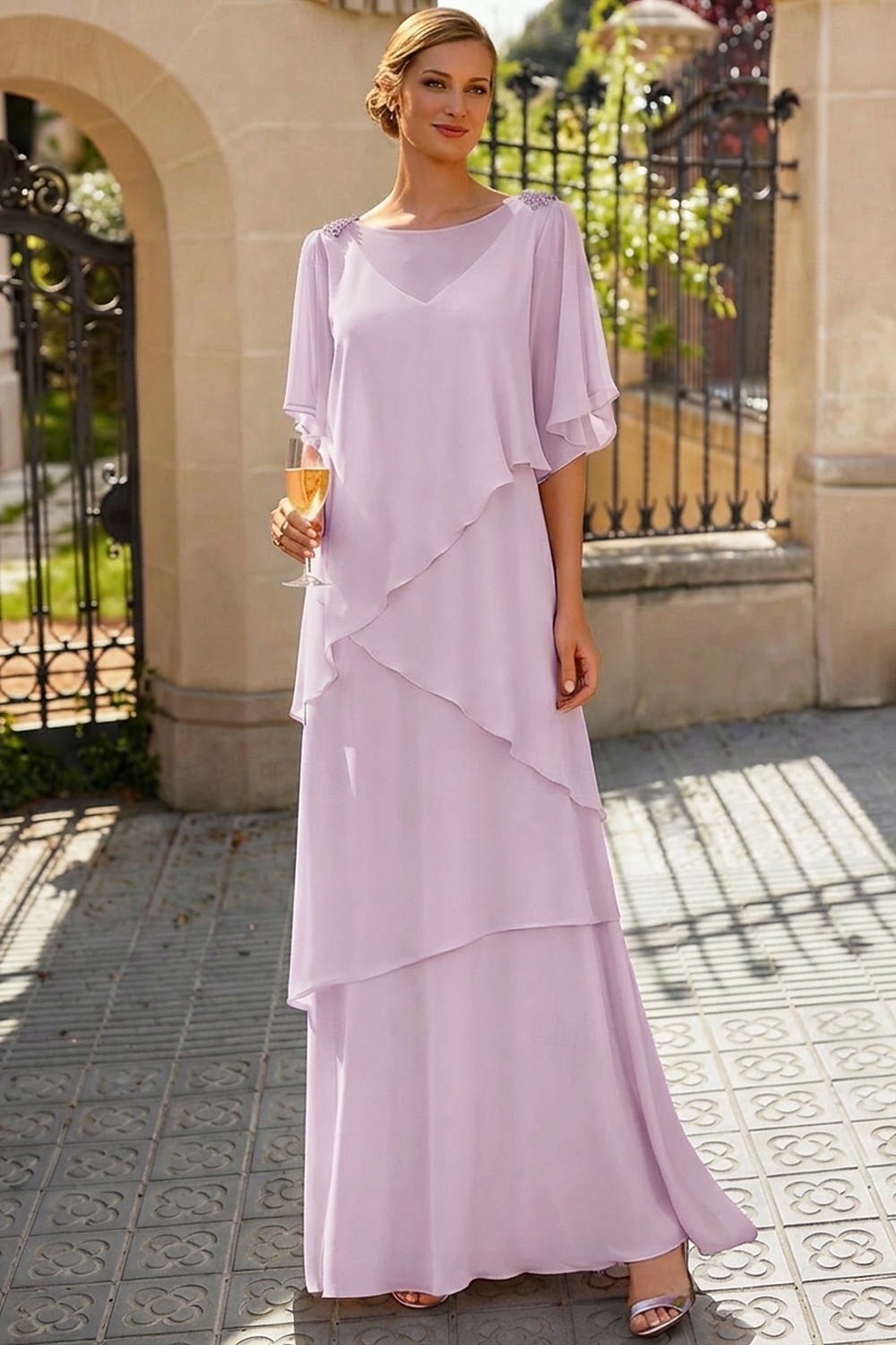 Linea ad A Lunghezza al pavimento Abito da invitata a nozze Abito Formale Abito a Strati Abito da cerimonia per signora Mezza Manica Scollo a Barca Elegante Formale Ospite di nozze Chiffon con Volant del 2026 a $183.99 –P15