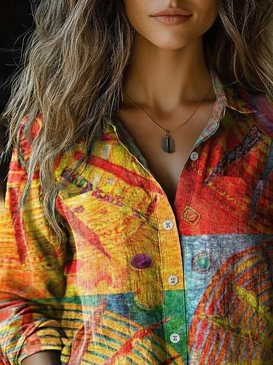 Per donna Camicia Finto cotone e lino Bottoni Stampato Grafico Geometrico Bohemien Attivo Vintage Manica Lunga Colletto a Camicia Top Regolari Quotidiano Ferie Giallo Primavera Autunno del 2026 a $35.99 –P2
