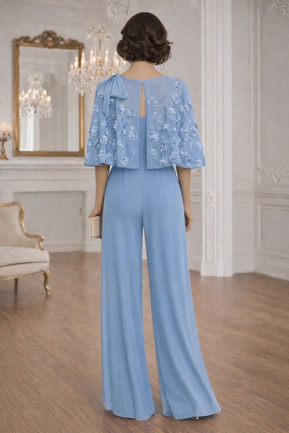 Sheath Column Jumpsuit Pantsuit Floor Length Mother of the Bride Dress Half Sleeve Crew Neck Elegant Simple Casual Formal Wedding Guest Wedding Party Chiffon Shawls with 3D Flowers Beading Appliques 2026 - $171.99 –P2