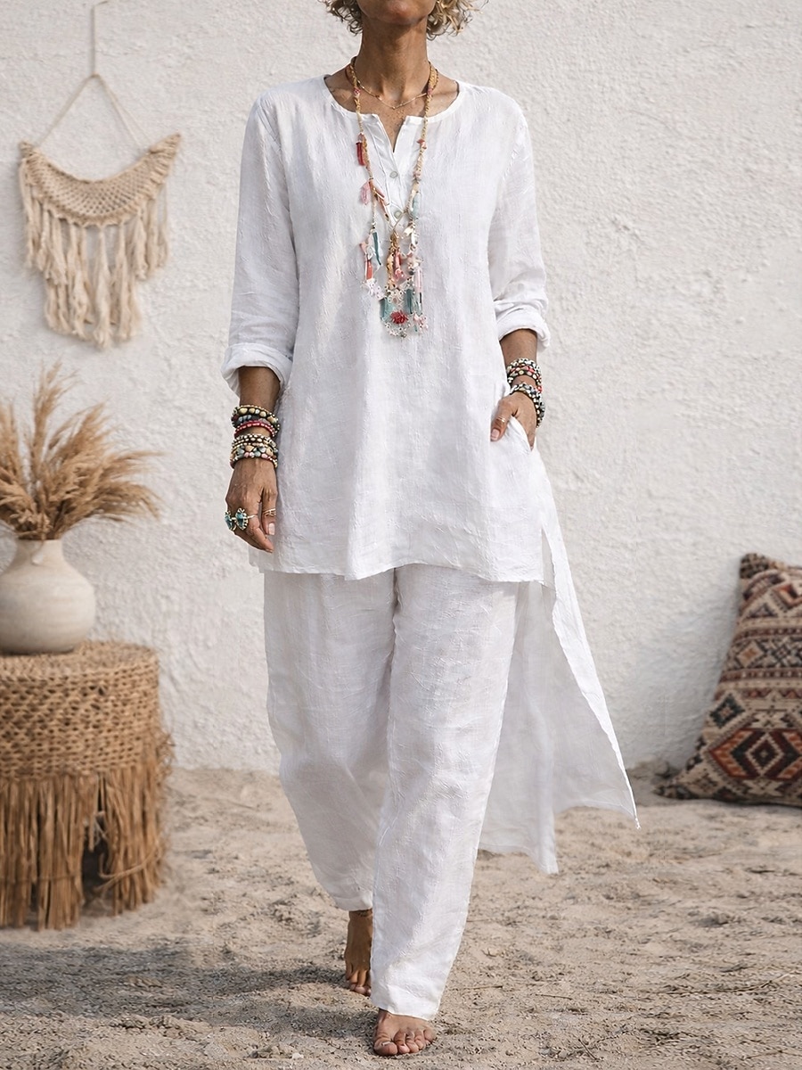 Mujer Camisa Conjunto con tacto de lino Conjuntos de lino y algodón Pantalones de pierna ancha Manga Larga Escote en Pico Plano Moda Ropa de calle Diario Casual Diario Azul Piscina Negro Blanco Verano 2026 - $28.99 –P1