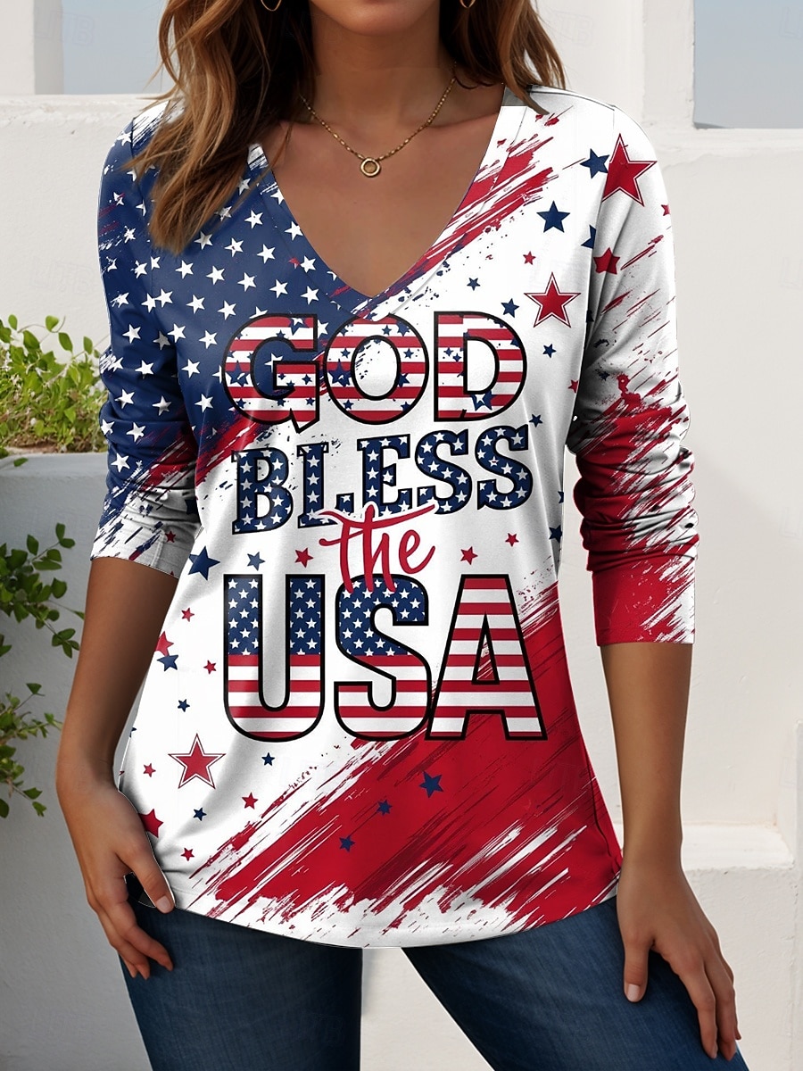 Ημέρα Αμερικανικής Ανεξαρτησίας Γυναικεία Μπλουζάκι Στάμπα Γραφική Αμερικάνικη σημαία Βίντατζ Στυλάτο Καθημερινό Μακρυμάνικο Λαιμόκοψη V Κανονικά μπλουζάκια Καθημερινά Σαββατοκύριακο 2026 - $24.99 –P3