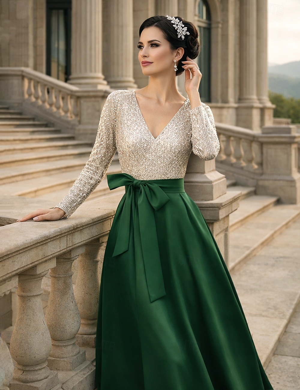 Ligne A Longueur au sol Robe d'invité de mariage Robe de Cérémonie Robe Évasée Robe de Mère de Mariée  manche longue Col en V Élégant Mariage Formel robe demoiselle d honneur Satin avec Paillettes de 2026 ? $172.99 –P1
