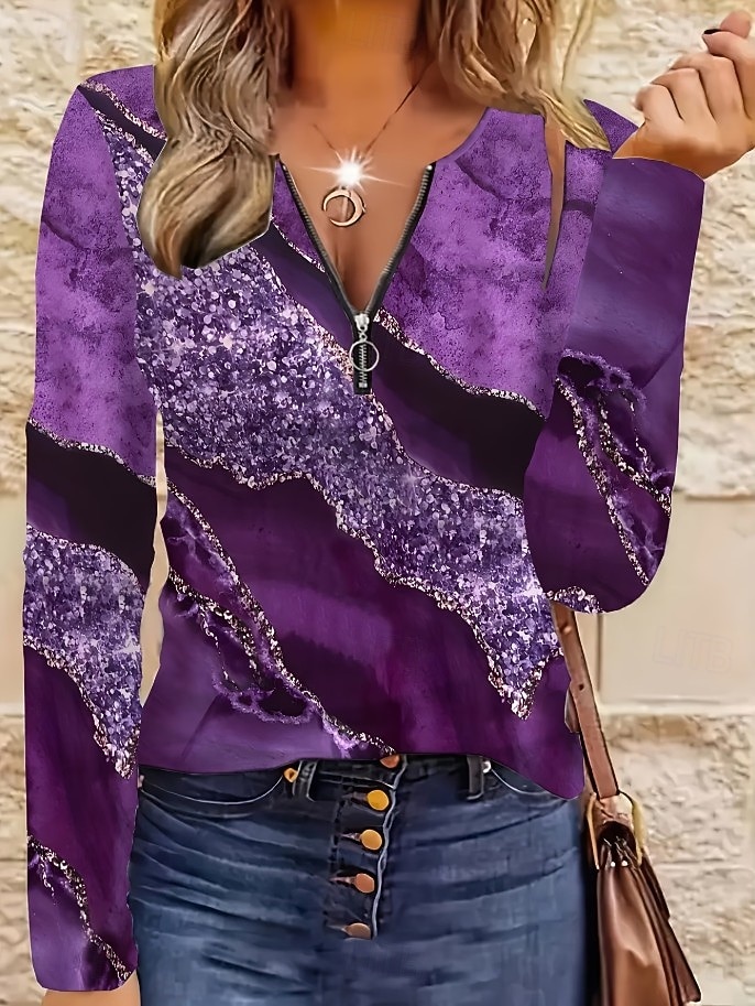 Per donna Maglietta Cerniera Stampato Grafico Geometrico Astratto Vintage Moda Elegante Manica Lunga Girocollo Top Regolari Quotidiano Blu Rosa Viola Primavera Autunno del 2026 a $25.99 –P2