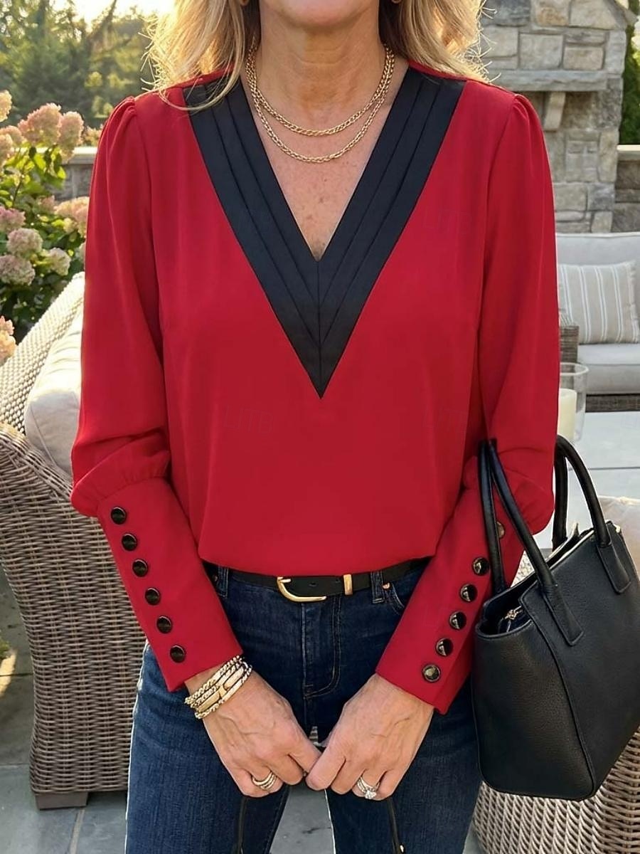 Per donna Blusa Bottoni Blocco di colori Elegante Moderno Manica Lunga Manica a Lanterna Scollo a V Lavoro Bianco Rosa Rosso Beige Primavera Autunno del 2026 a $23.99 –P1
