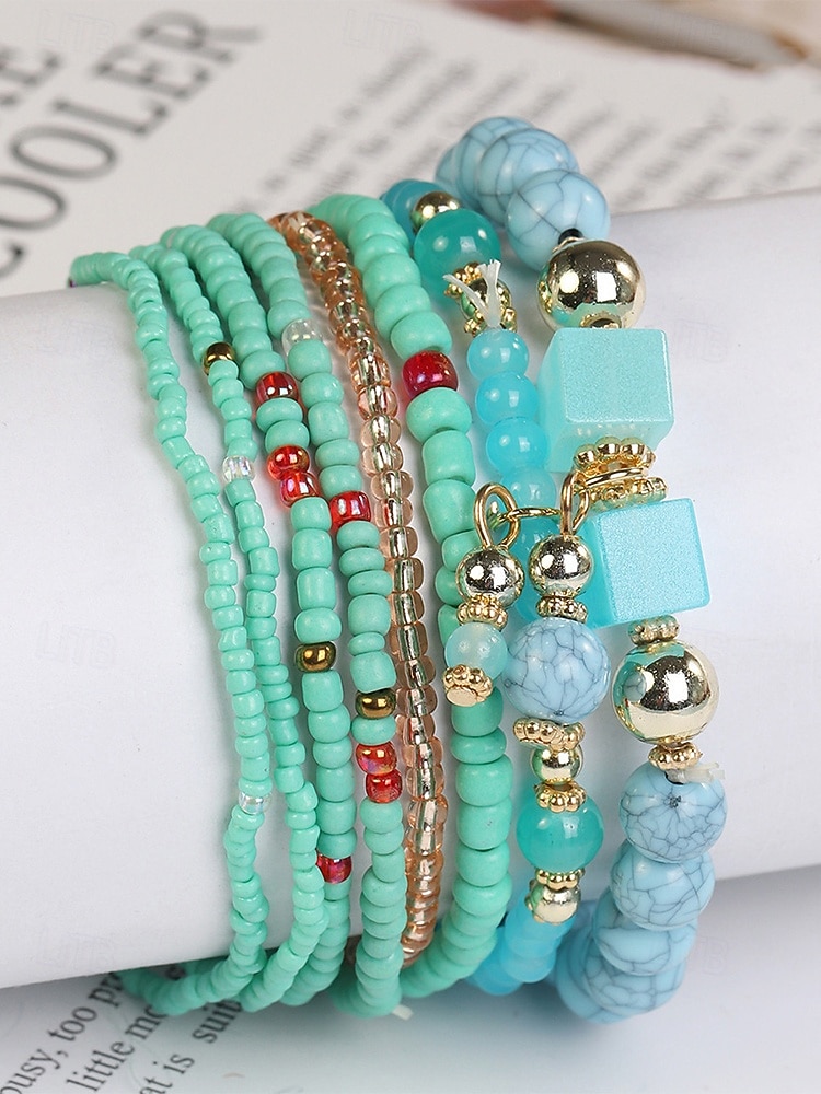 Dámské vícebarevné korálkové náramky z pryskyřice a slitiny v bohémském stylu, moderní a zářivý vzhled, ideální na dovolenou i pro běžné nošení. 2026 - $8.99 –P8