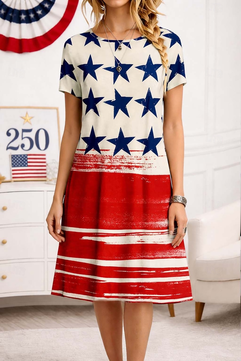 Women's 250th Anniversary Patriotic Midi Dress Shift Dress T Shirt Dress Tee Dress Casual Formal Outdoor Party Standard Fit Floral Abstract Stars and Stripes Short Sleeve 2026