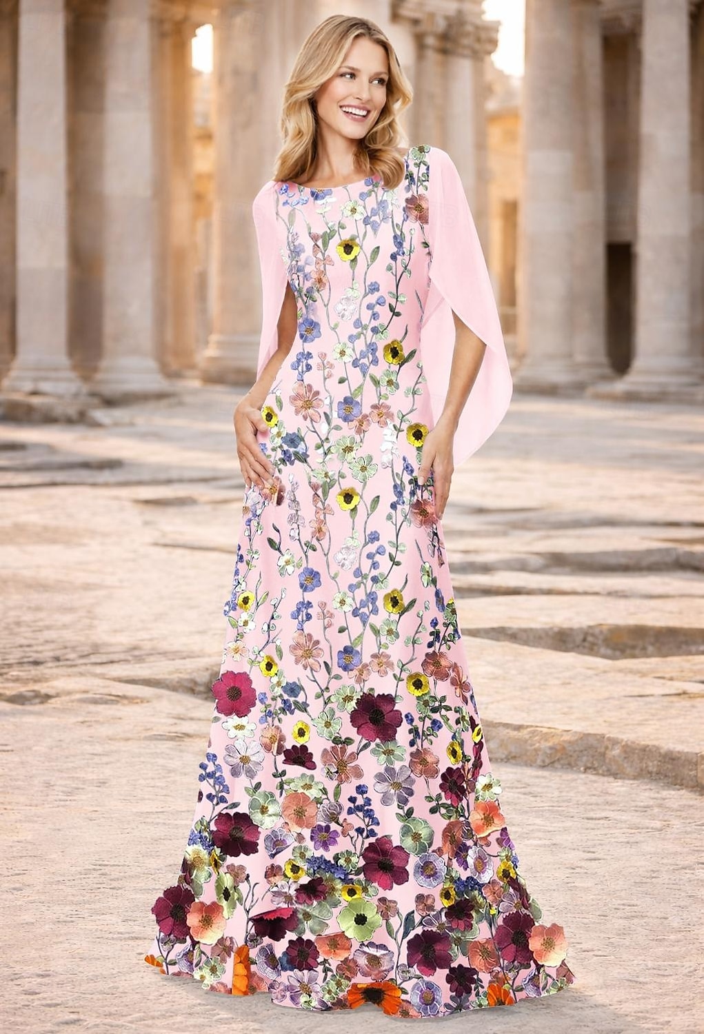 A-Linie Bodenlang Kleid für Hochzeitsgäste Chiffonkleid Brautmutterkleid Ärmellos U-Boot-Ausschnitt Elegant Vintage Einfach Formell Chiffon Spitze Schals mit 3D-Blumen Stickerei Applikationen 2026 - $194.99 –P2