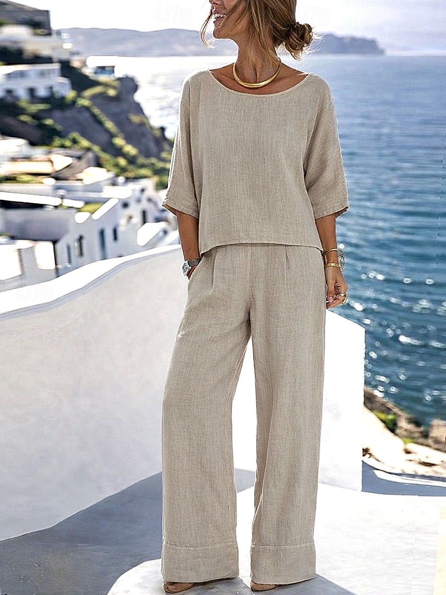 Mulheres Conjuntos de linho de algodão Conjuntos de calças Bolero Top Meia Manga Gola Redonda Côr Sólida Moda Roupa de rua Casual Diário Ao ar livre Azul Preto Branco Verão Normal de 2026 por $35.99 –P2