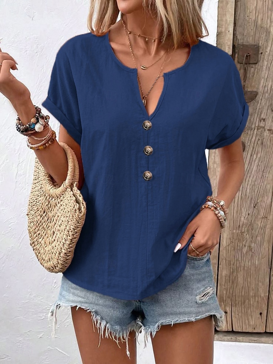 Mujer Camiseta Camiseta superior Botones del pecho Plano Moda Elegante Clásico Manga Corta Escote en Pico Tops regulares Diario Noche Fin de semana Negro Blanco Rojo Azul Marino Naranja Verano 2026 - $21.99 –P2