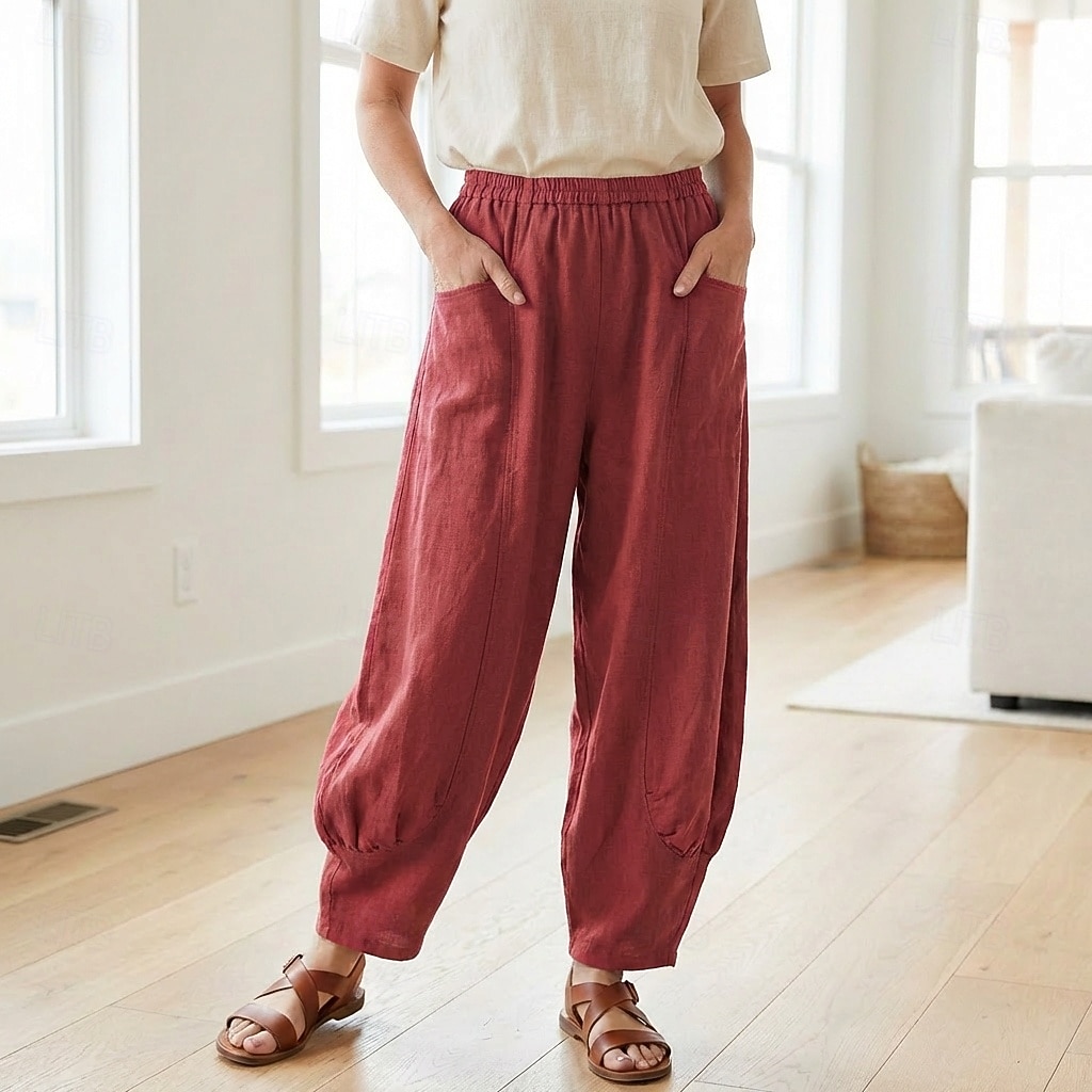 Damen-Leinenhose aus 70 % Leinen, weites Bein, Chino-Stil, Sommerhose, Urlaubshose, Streetwear, Basic, lange Länge, mittlere Bundhöhe, schlicht, Tasche, elastischer Bund, bequem, komfortabel, nicht elastisch, für Alltag, Outdoor, Straße, Bordeauxrot, Azur 2026 - $49.99 –P14